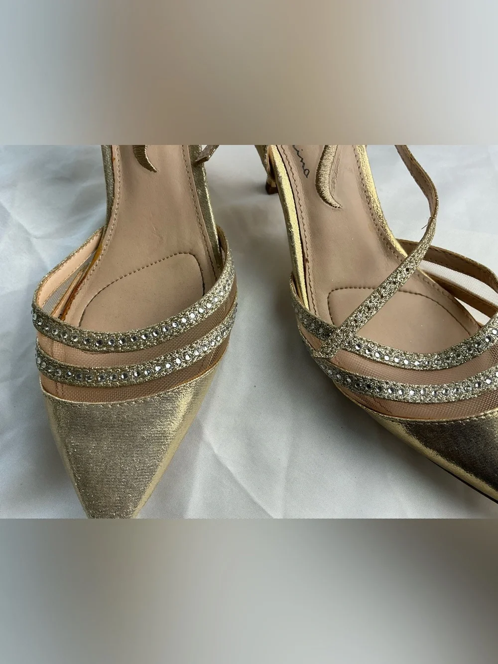 Nina Gold Rhinestone Slingback Kitten Heel Pointed Toe Pumps